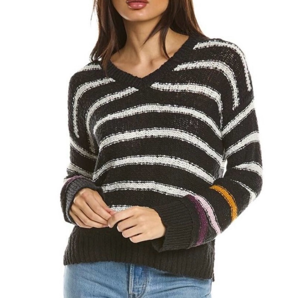 Michael Stars Hanson Black &‎ White Stripe Multi-Colored Sleeve Sweater Cotton